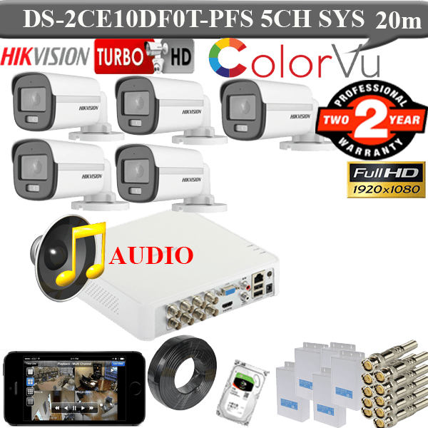 Hikvision 2mp colourvu voice 5 camera 5MP dvr package 1 Hikvision 2mp colourvu voice 5 camera package DS-2CE10DF0T-PFS