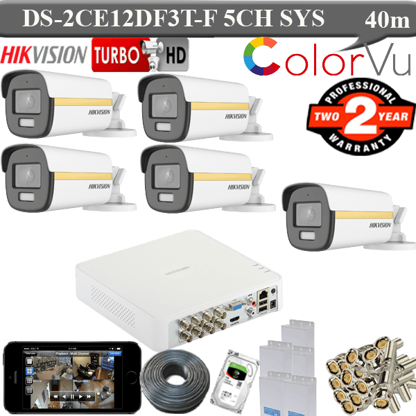 Hikvision 2MP colorvu 40 meter Gold 5 camera KIT 1 Hikvision 2MP colorvu 40 meter Gold 5 camera package DS-2CE12DF3T-F
