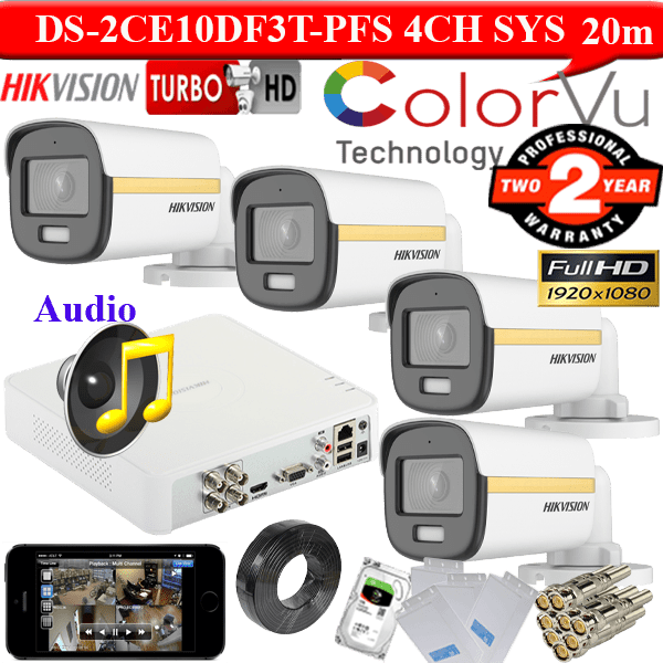 Hikvision 2mp gold colorvu audio 4 camera 5mp dvr 1TB HDD package 1 Best Value DS-2CE10DF3T-PFS 4 camera System