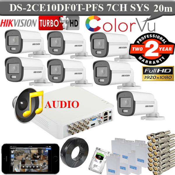 Hikvision 2mp colourvu voice 7 camera 5MP dvr package 1 Hikvision 2mp colourvu voice 7 camera package DS-2CE10DF0T-PFS