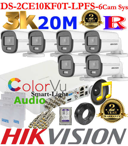 DS-2CE10KF0T-LPFS-6Cam Sys - 20m Hikvision 5MP-3K Turbo-HD Colorvu Smart Dual-Light Audio 6 camera package