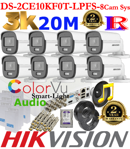 DS-2CE10KF0T-LPFS-8Cam Sys - 20m Hikvision 5MP-3K Turbo-HD Colorvu Smart Dual-Light Audio 8 camera package