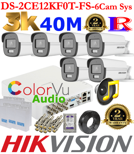DS-2CE12KF0T-FS-6Cam Sys - 40m Hikvision 5MP-3K Turbo-HD Colorvu Audio 6 camera 40M package 1TB HDD