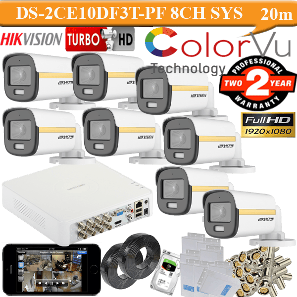 Hikvision 2mp colourvu Gold 8 camera 1TB HDD package 1 Hikvision 2mp colourvu Gold 8 camera package DS-2CE10DF3T-PF